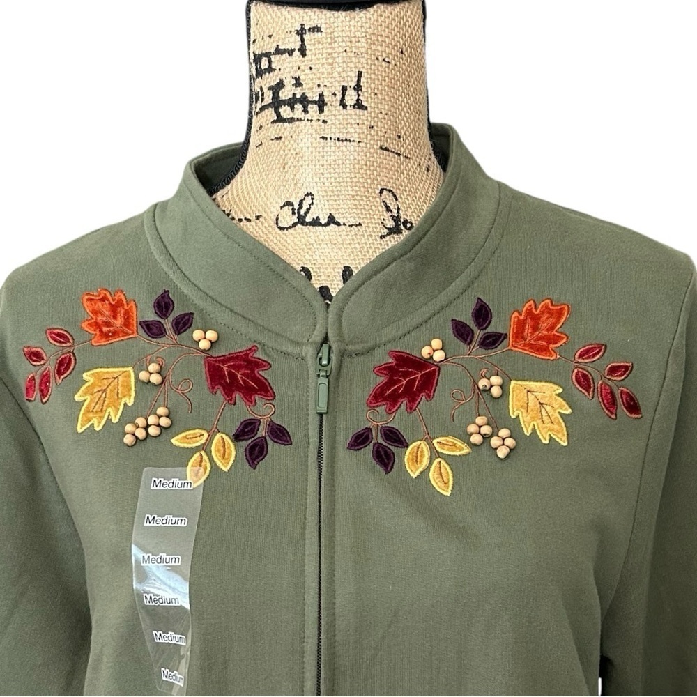 NWT Mandal Bay Olive Green Embroidered Fall Leaves Full Zip Jacket Women’s M - Picture 4 of 6